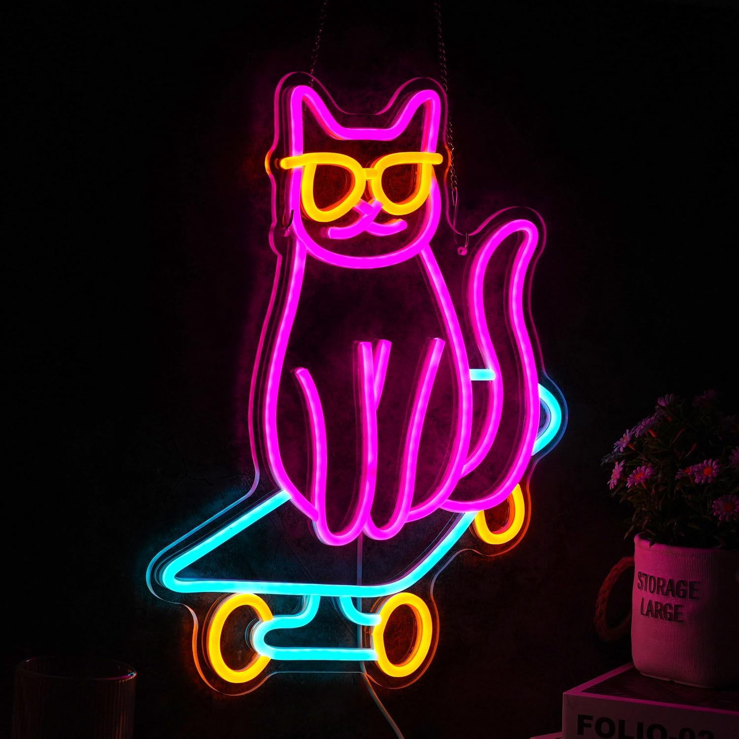 Placa de Neon de Gato de Skate