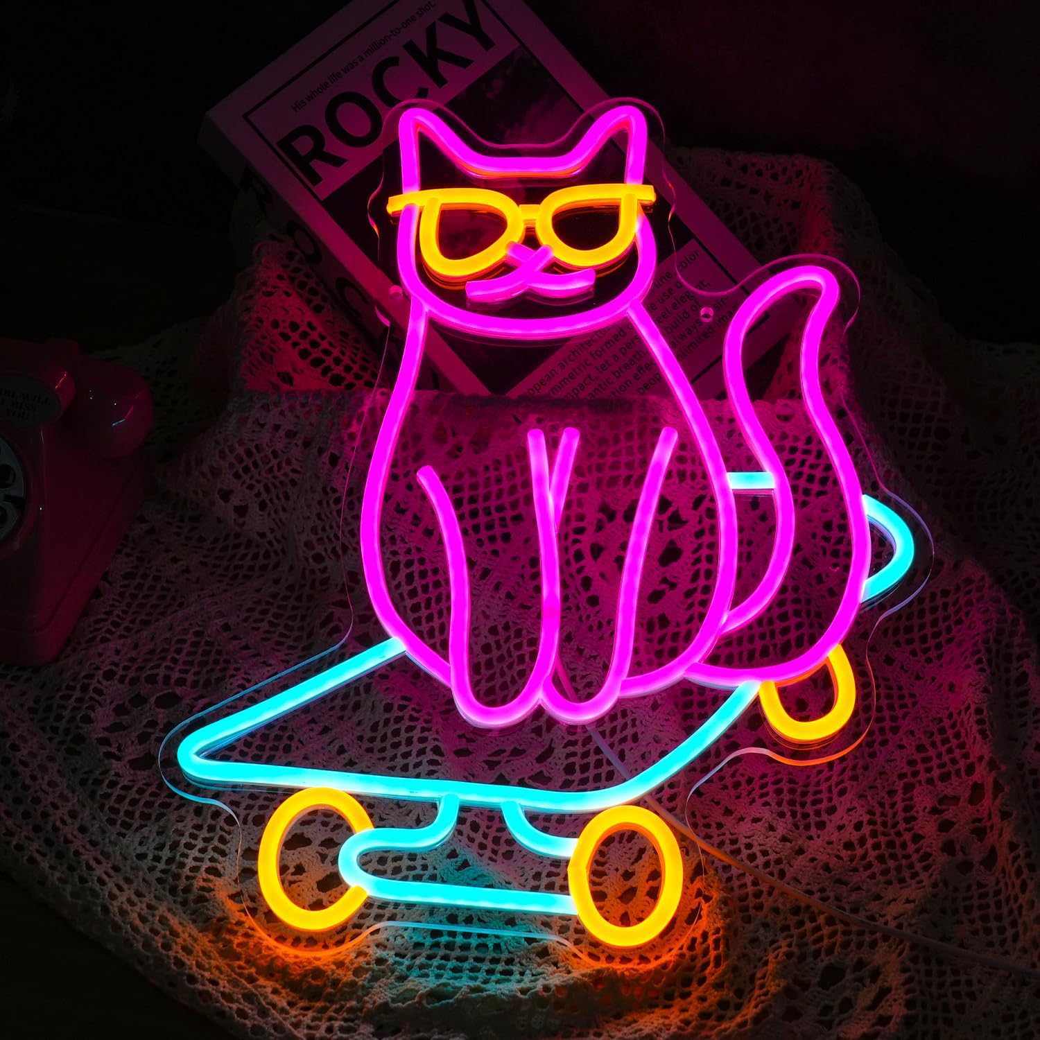 Placa de Neon de Gato de Skate